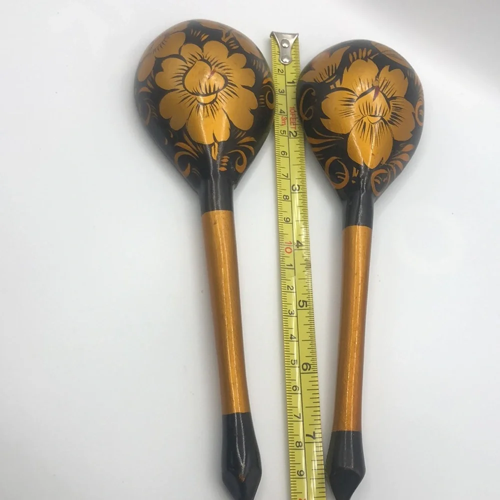 RUSSIAN KHOKHLOMA HAND PAINTED LACQUERED WOODEN 2 SPOONS